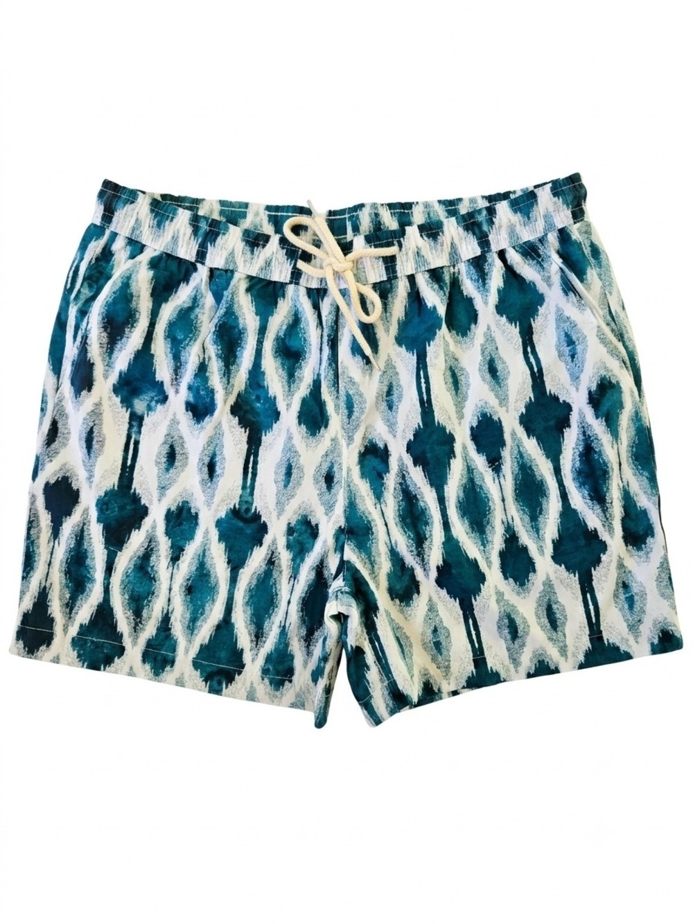 Men's Teal and White Ikat Patterned Fully Lined Swim Trunks Snover NWT Size XL